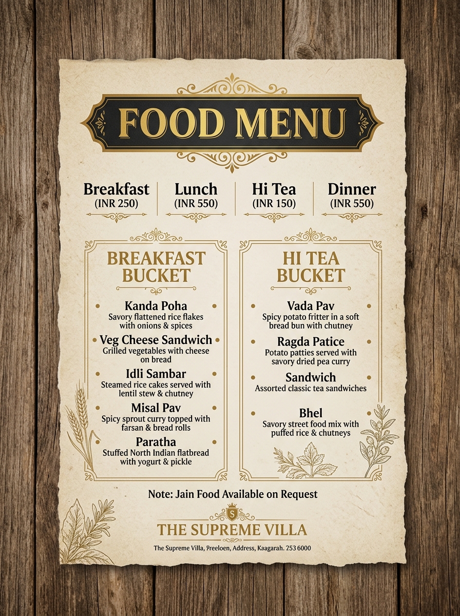 The Supreme Villa Food Menu Packages